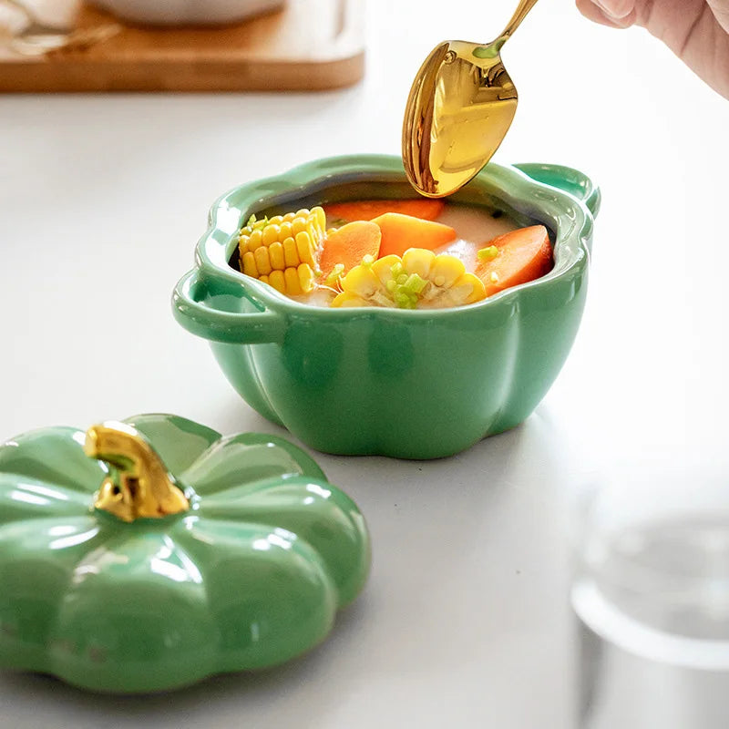 Pumpkin Shape Ceramic Bowl with Lid Halloween Party Decoration Tableware