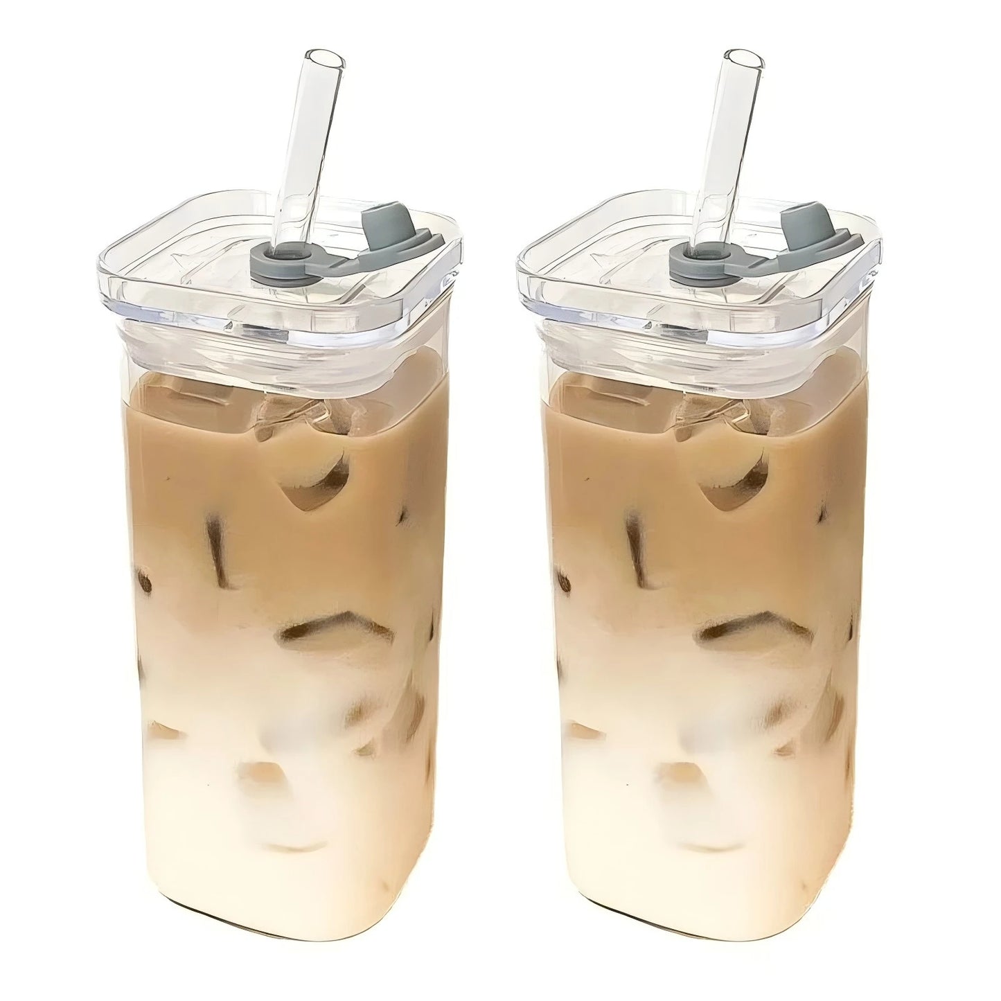 1PCS Square Heat Resistant Coffee Glass Cup With Lid and Straw Transparent Milk Tea Juice Cups Coffee Mug For Home Bar Drinkware