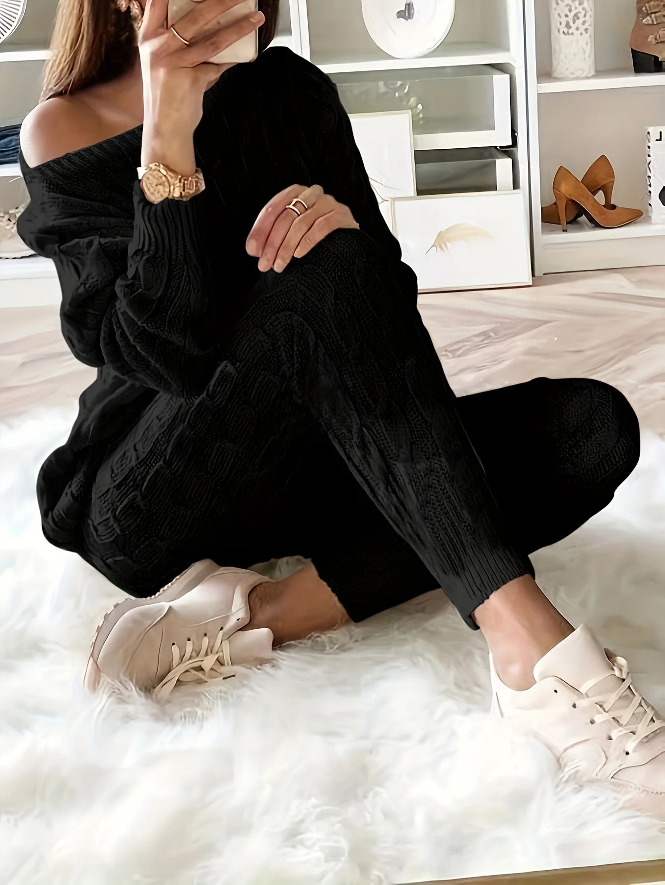 Solid Knitted Matching Two-piece Set  Casual Long Sleeve Sweater & Pants Outfits  Women's Clothing