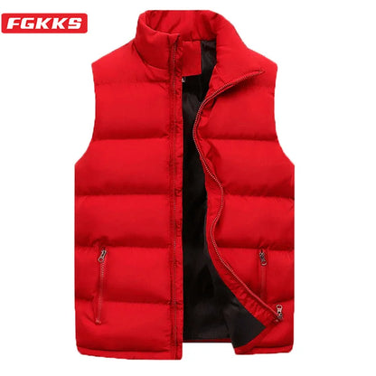 FGKKS Brand 2023 Winter Men Vest Parkas Cotton Casual Sleeveless Stand Thick Clothes Solid Color Vest Jacket Male