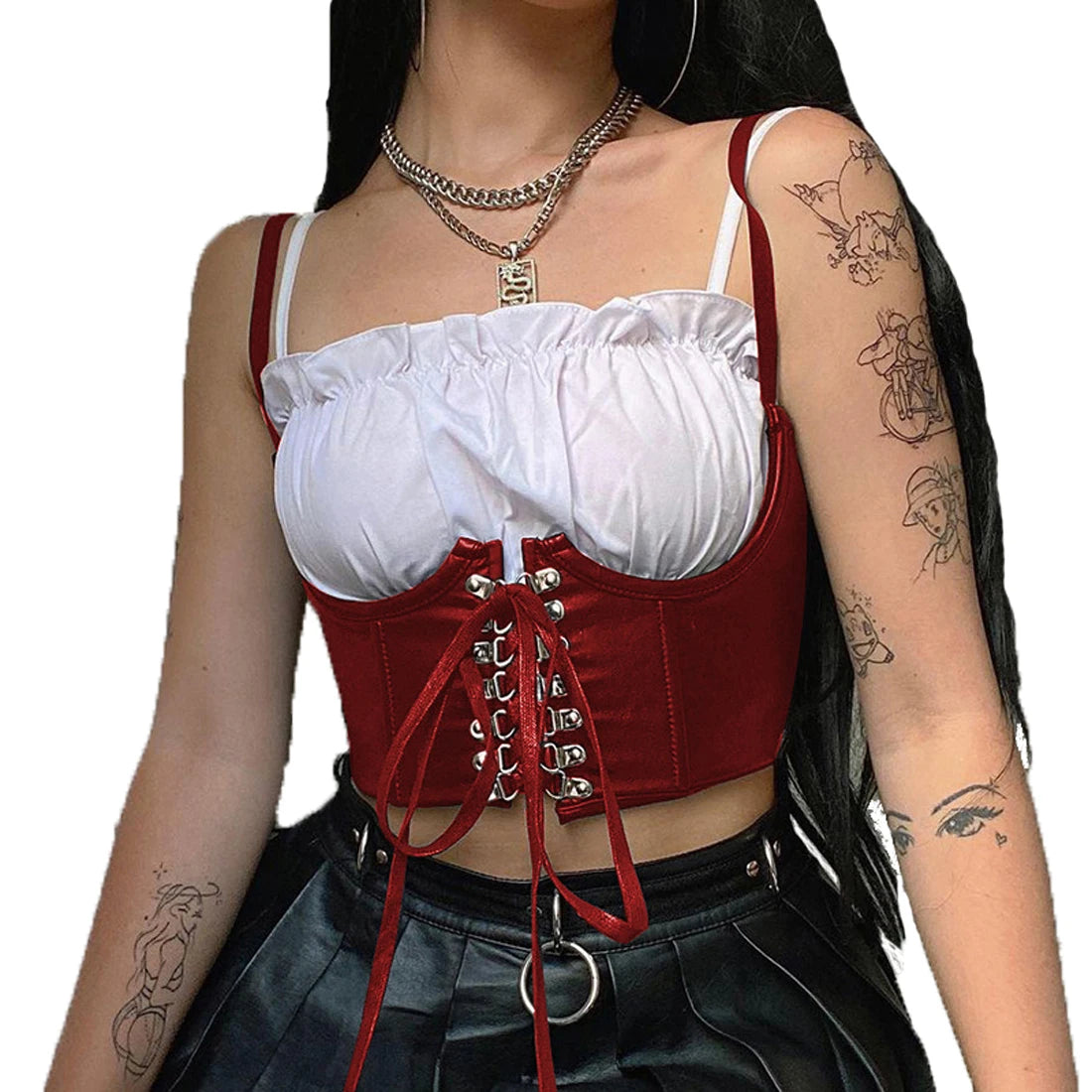 Women Corset Bustier Crop Top Lace-up Bandage Black Gothic Leather Underbust Suspender Cami Vest Waist BodyshaperTank Cummerbund