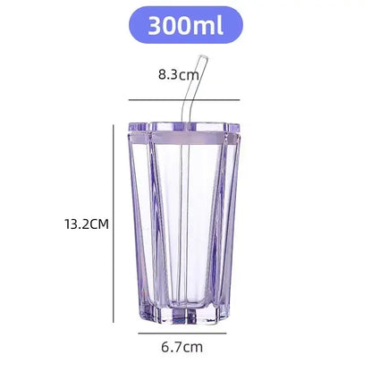 High Aesthetic Straw Cup Pentagonal Star Glass Cup Color Gradient Cold Drink Cup with Lid Coffee Water Mugs