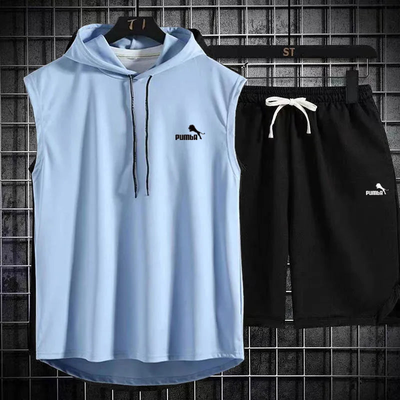 Brand  Summer Men's Two Piece Set CasualT-Shirt and Shorts Set Mens Sports Suit Fashion Short Sleeve Tracksuit Hooded T-shirt