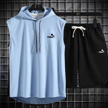 Brand  Summer Men's Two Piece Set CasualT-Shirt and Shorts Set Mens Sports Suit Fashion Short Sleeve Tracksuit Hooded T-shirt