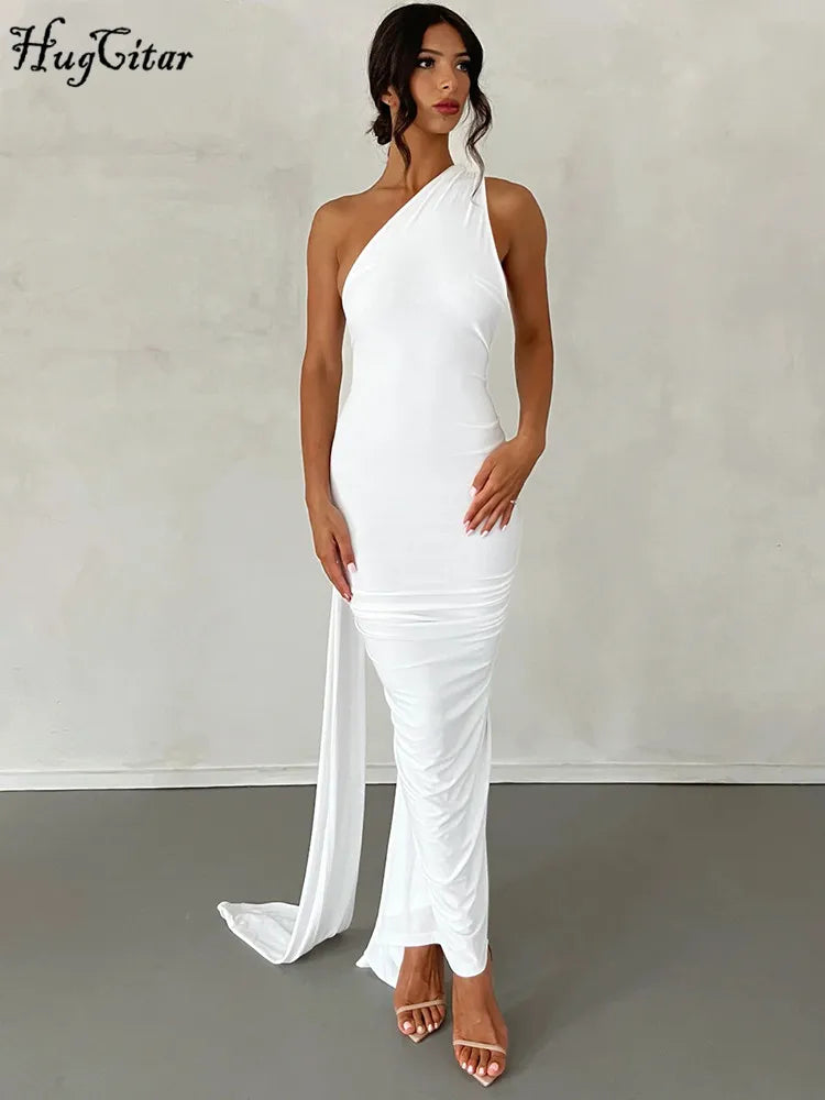 Citar One Shoulder Backless Adjustable Scarf Loop Sexy Maxi Dress