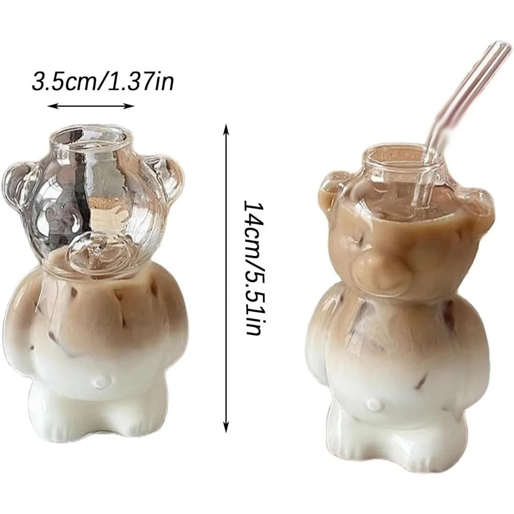 320ML Creative Cute Bear Coffee Mug  with Straw Transparent Cup Beer Milk Coffee Water Cups Wholesale Glass Drinkware Mug Set