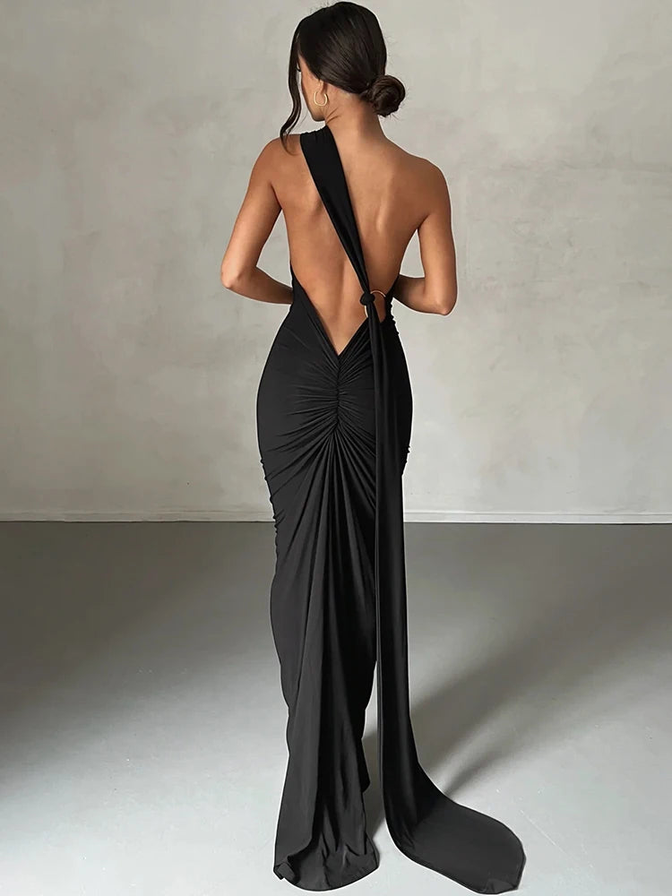 Citar One Shoulder Backless Adjustable Scarf Loop Sexy Maxi Dress