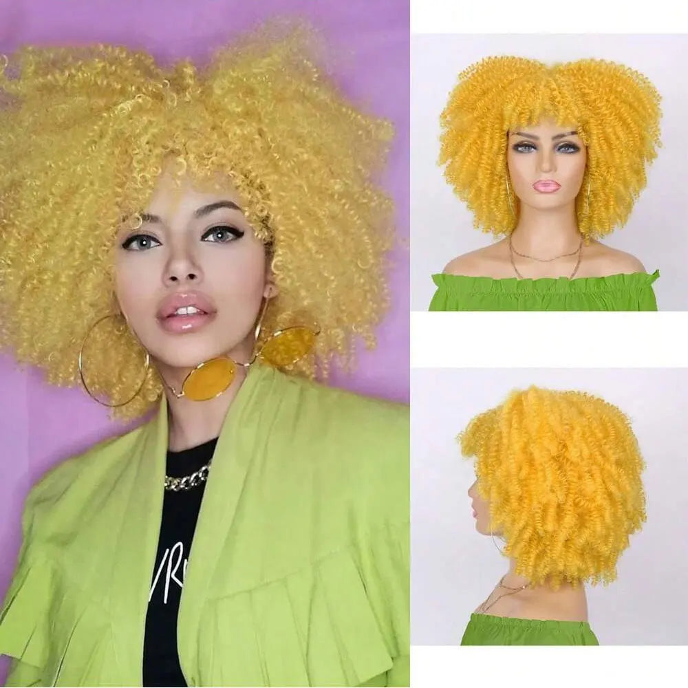 Synthetic Short Afro Kinky Curly Wig With Bangs For Black Women High Temperature Daily Party Headgear with Clips Cosplay