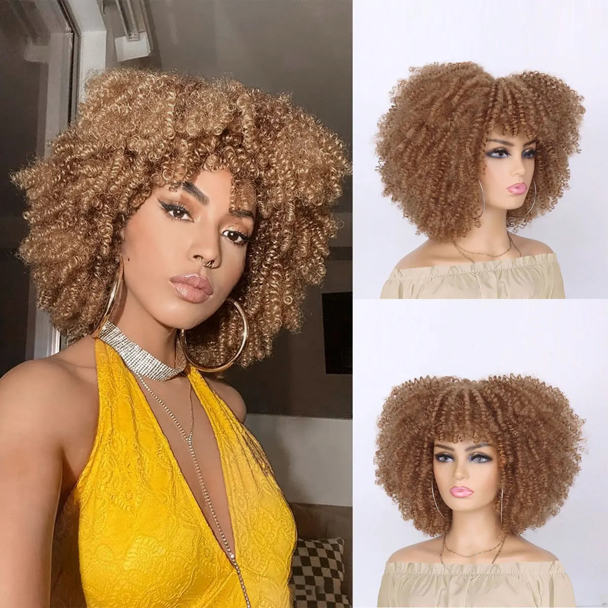 Synthetic Short Afro Kinky Curly Wig With Bangs For Black Women High Temperature Daily Party Headgear with Clips Cosplay