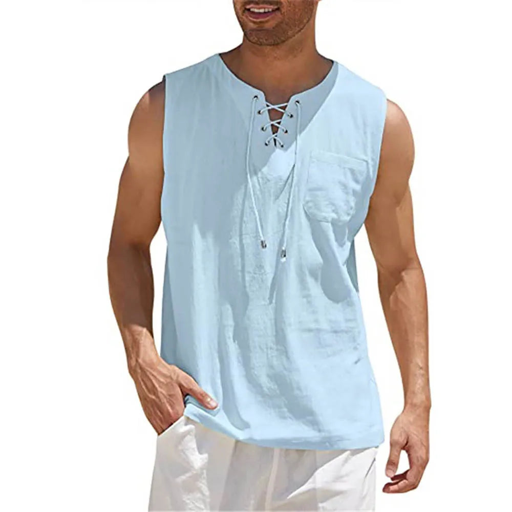 New Mens Summer Tank Tops Cotton Linen Vest Casual Sleeveless Tees Loose Lace Up O-Neck Tops Streetwear