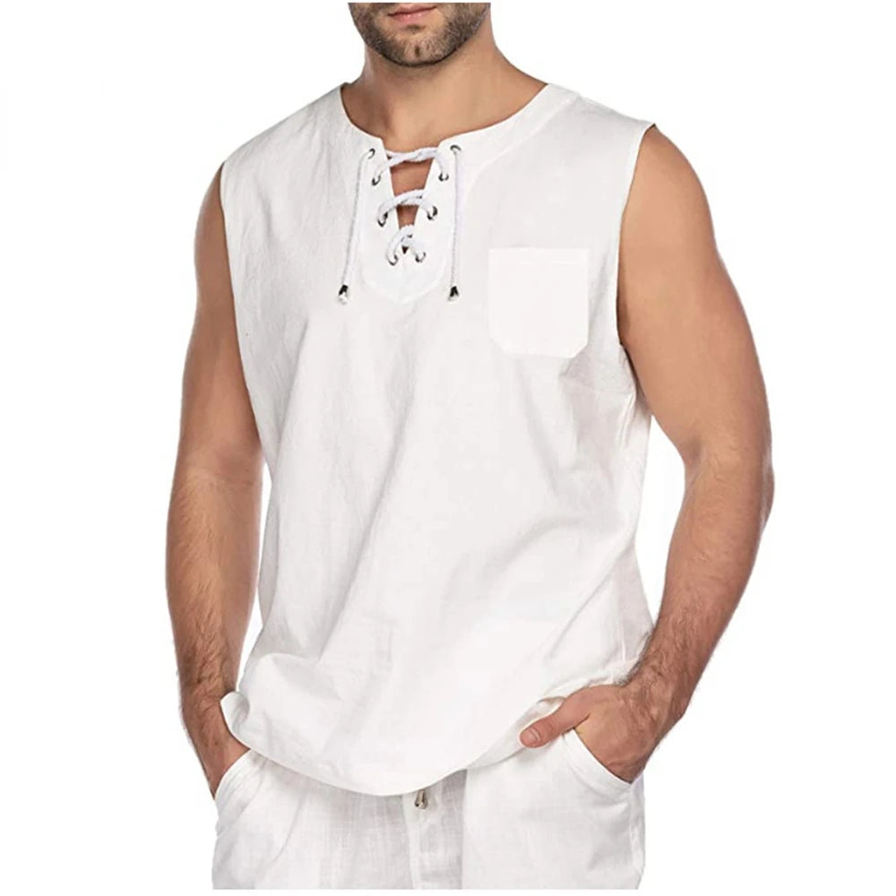 New Mens Summer Tank Tops Cotton Linen Vest Casual Sleeveless Tees Loose Lace Up O-Neck Tops Streetwear