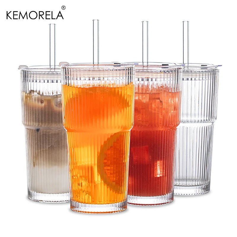 600ML Stripe Glass Coffee Cup With Lid and Straw Transparent Drinking Glasses for Juice Milk Tea Cups Iced Coffee Mugs Drinkware