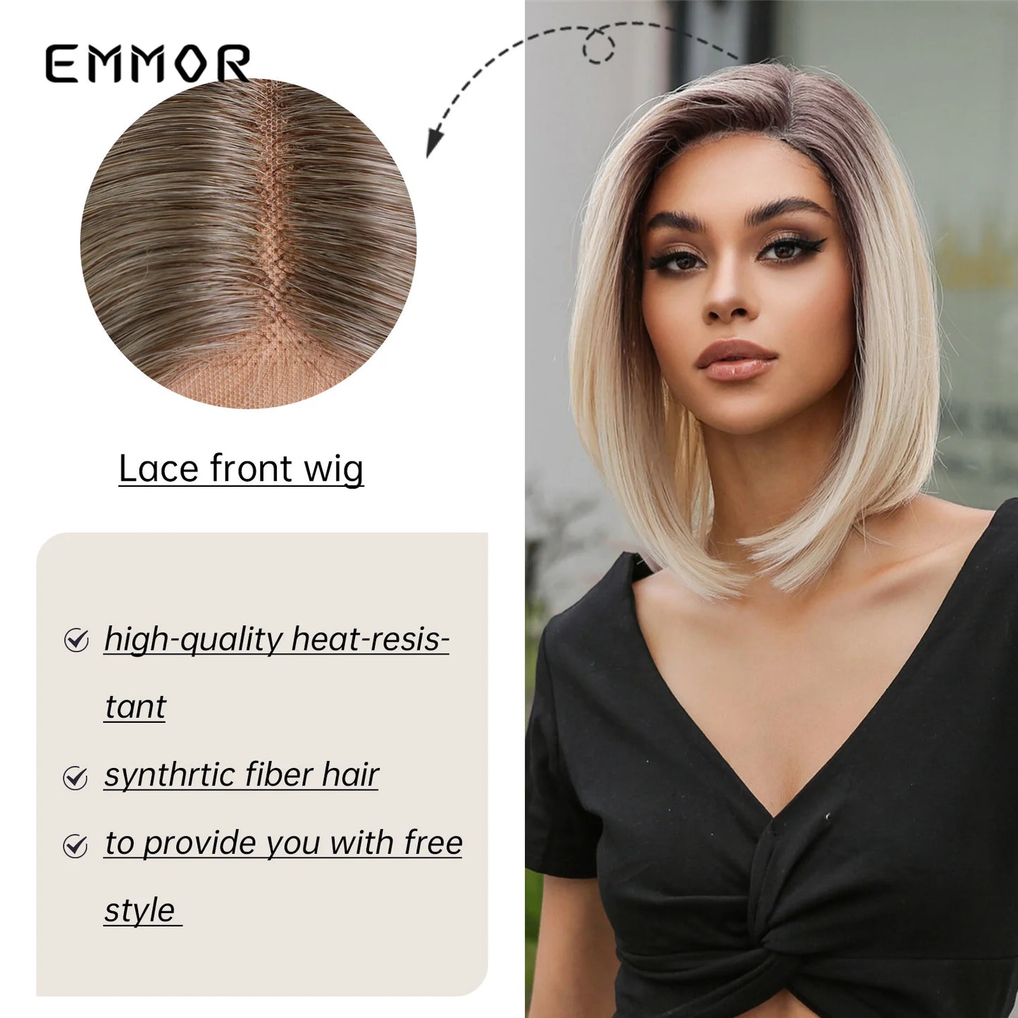 Short Blonde Lace Frontal Synthetic Wig Simulation of Human Hair Ombre Blonde Straight Bob Hair Wig For Women Heat Resistant