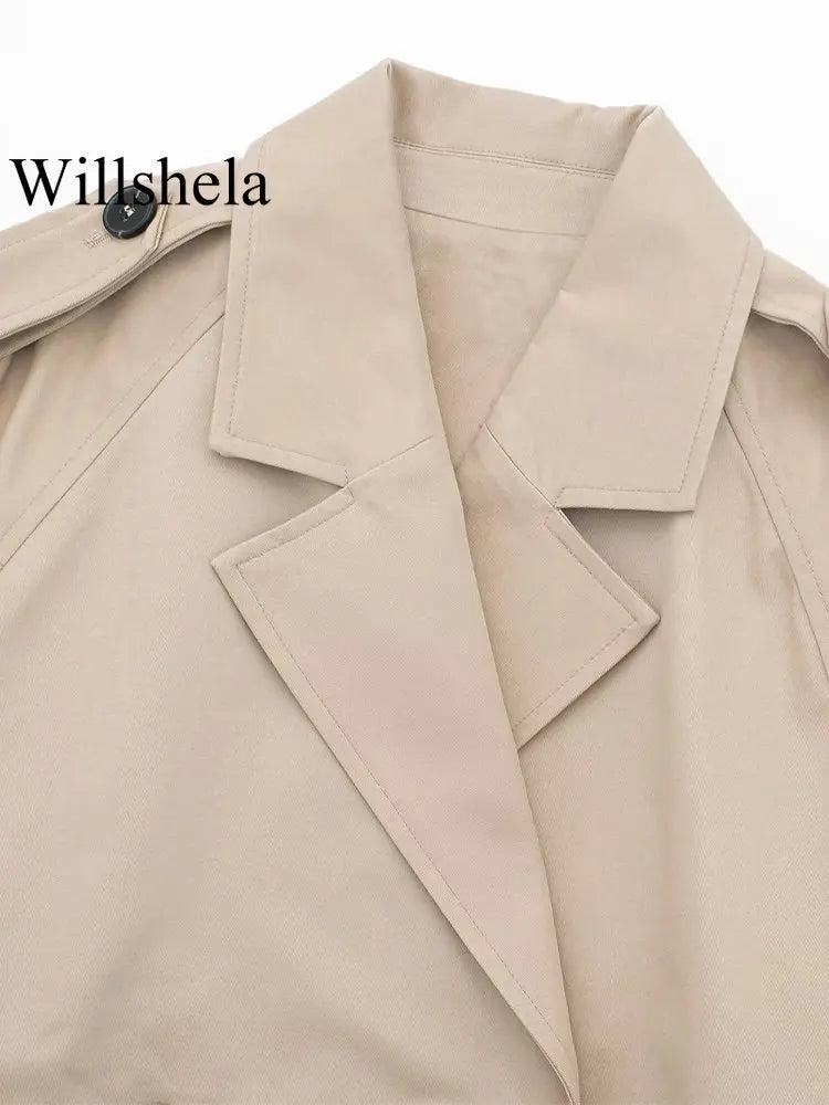 Willshela Women Fashion With Belt Cropped Trench Jacket Vintage Notched Neck Long Sleeve Female Chic Lady Coat Outfits