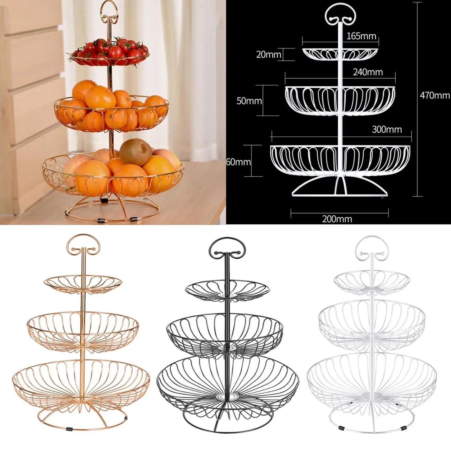 Metal Wire 3 Layer Storage Basket Fruit Bowl Detachable Metal Cake Stand Decorative Dessert Holder Organizer