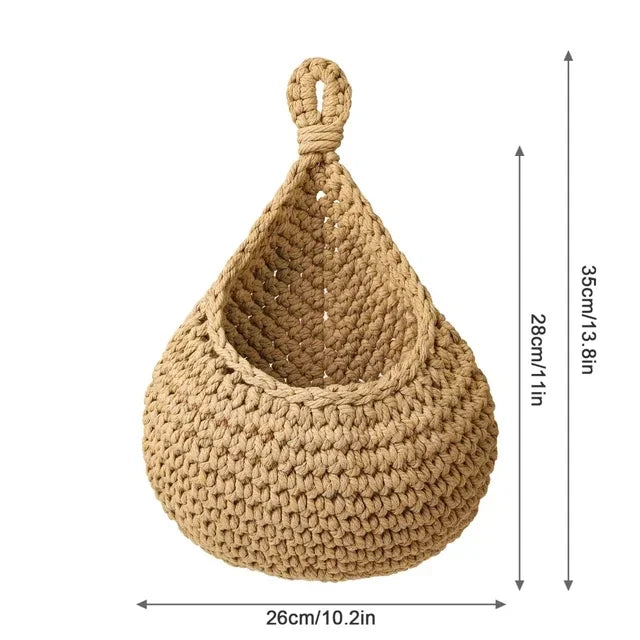 Hanging Wall Basket Hand Woven Storage Basket Kitchen Hanging Net Pocket Waterdrop Shape Fruits Vegetable Plant Storage Net Bag