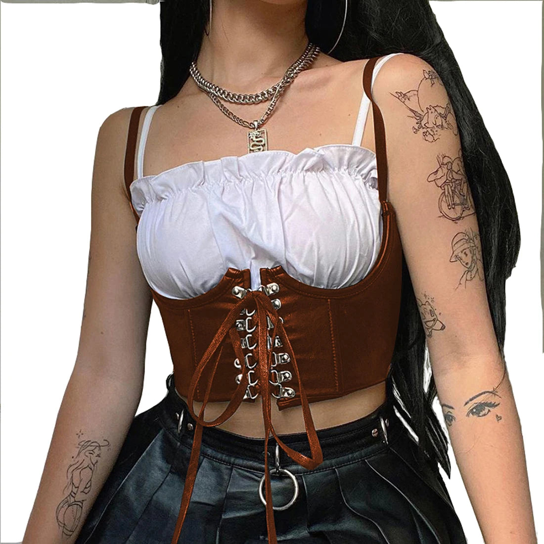 Women Corset Bustier Crop Top Lace-up Bandage Black Gothic Leather Underbust Suspender Cami Vest Waist BodyshaperTank Cummerbund