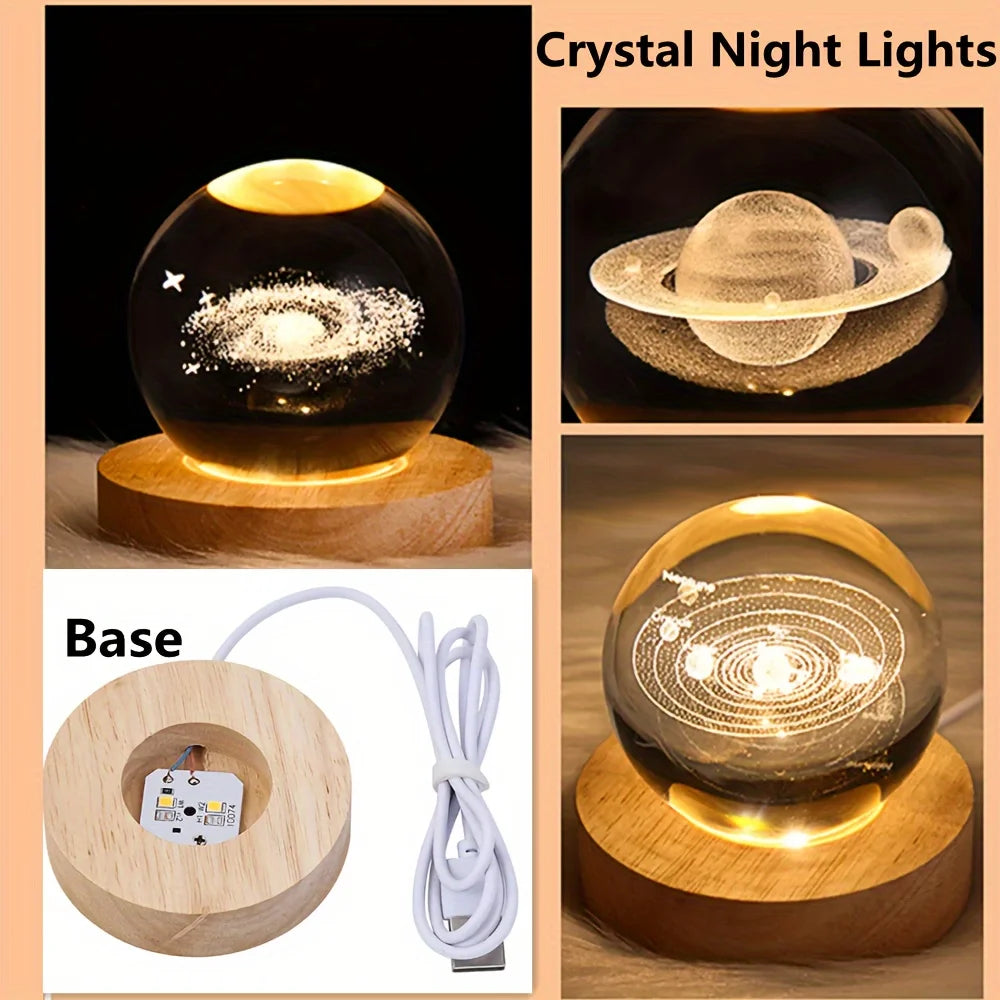 USB Christmas Decor Galaxy 3D Crystal Ball LED Night Lamp with Wooden Base for Bedroom Solar System/Snowman/Moon Fairy Lights