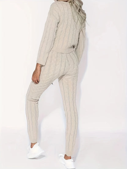 Solid Knitted Matching Two-piece Set  Casual Long Sleeve Sweater & Pants Outfits  Women's Clothing