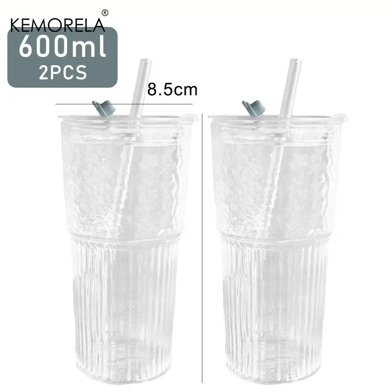 600ML Stripe Glass Cup with Lid and Straw Transparent Drinking Glasses for Juice Iced Coffee Water Cup Outdoor Drinkware Mug