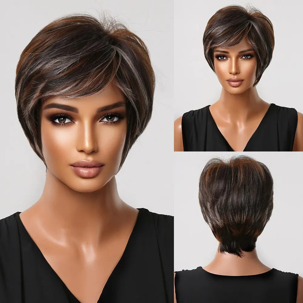 Pixie Cut Wigs for Women Natural Synthetic Short Black Layered Hair Wig with Fluffy Bangs Afro Daily Heat Resistant