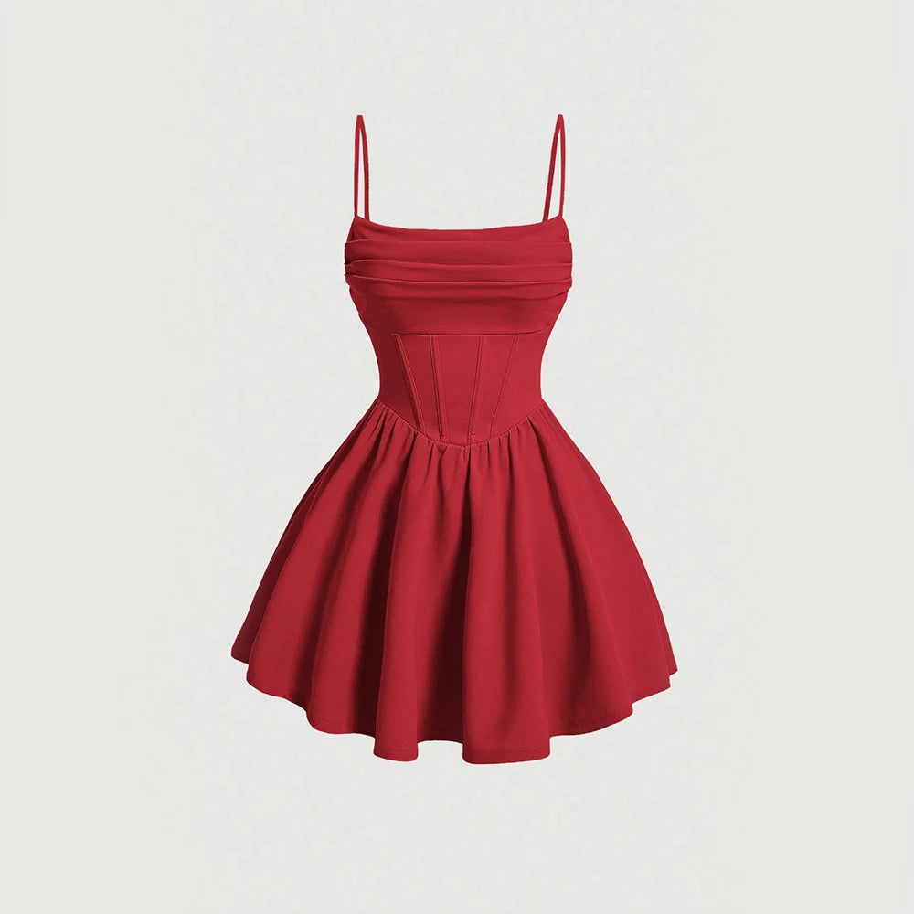 Mia Muse Women's Dresses Summer Elegant Plain Sleeveless Square Neck A-Line Mini Sweet Dating Dress New Year Red Valentine Gift