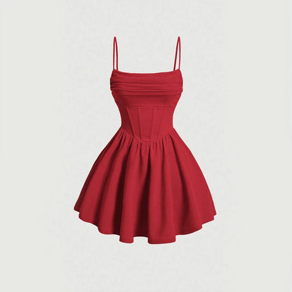 Mia Muse Women's Dresses Summer Elegant Plain Sleeveless Square Neck A-Line Mini Sweet Dating Dress New Year Red Valentine Gift