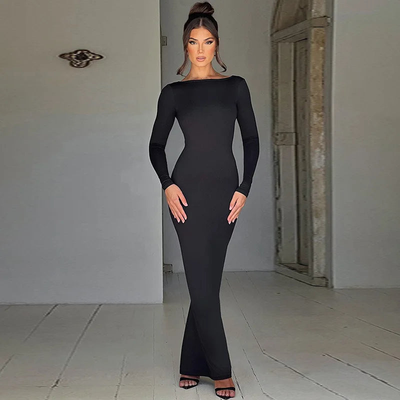 Cryptographic Elegant Open Back Ruched Sexy Bodycon Maxi Dress Birthday Outfits for Women Long Sleeve Dresses Gown Club Party