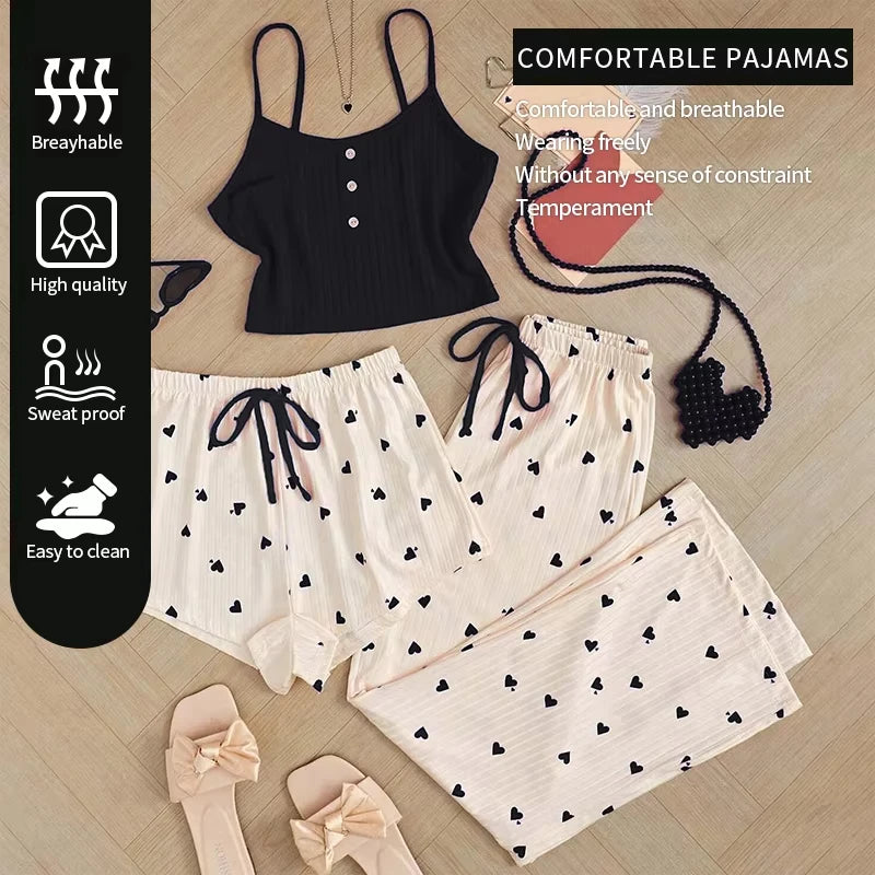 Three Piece Women's Heart-Shaped Printed Vest Shorts and Pants Paired with Ribbed Fabric for Home Casual Women's Sleepwear Set