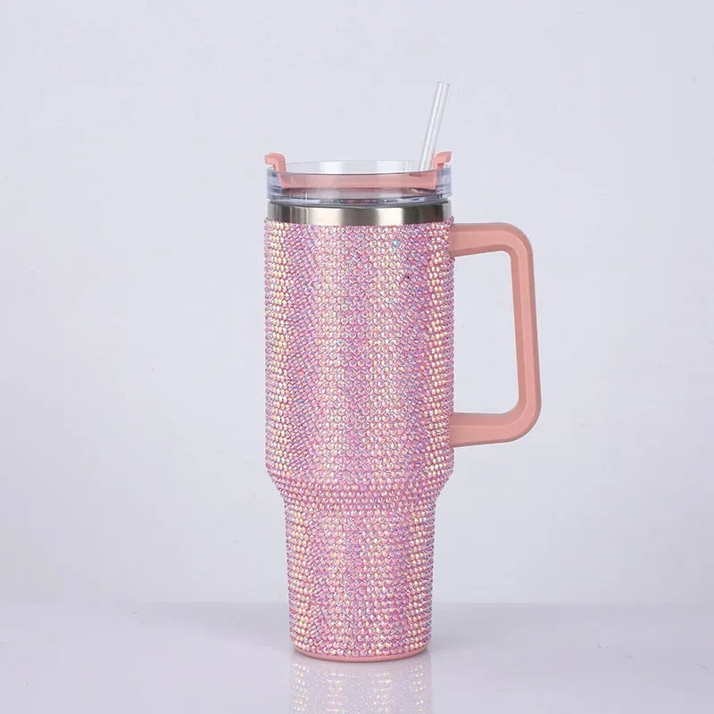 40oz Rhinestone Tumbler Women Shiny Diamond Stainless Steel Straw Cup Travel Car Thermoses Coffee Mug Water Bottle Drinkware