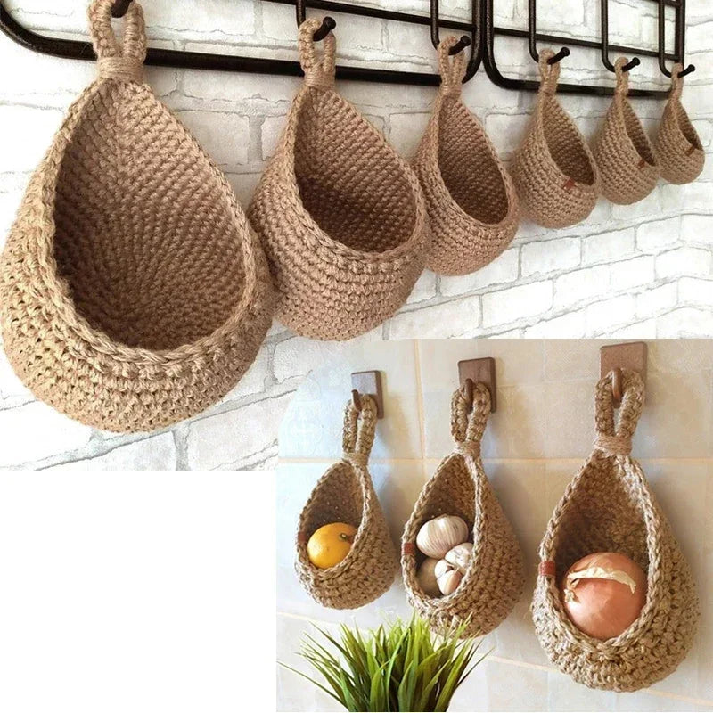 Hanging Wall Basket Hand Woven Storage Basket Kitchen Hanging Net Pocket Waterdrop Shape Fruits Vegetable Plant Storage Net Bag