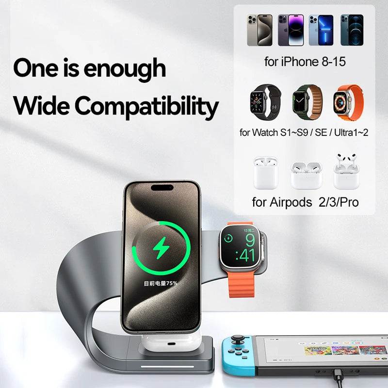 4 in 1 Metal Shell Wireless Charger for iPhone 15 14 13 12 Magnetic Fast Charging Station Stand Dock for Apple Airpods Watch