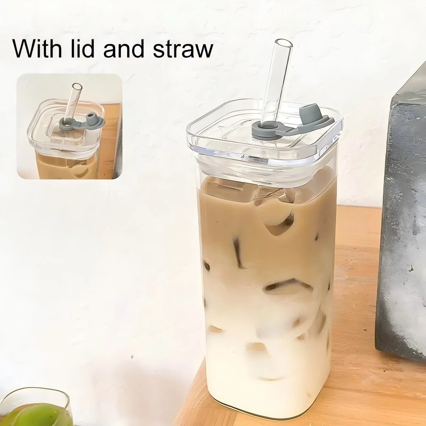 1PCS Square Heat Resistant Coffee Glass Cup With Lid and Straw Transparent Milk Tea Juice Cups Coffee Mug For Home Bar Drinkware