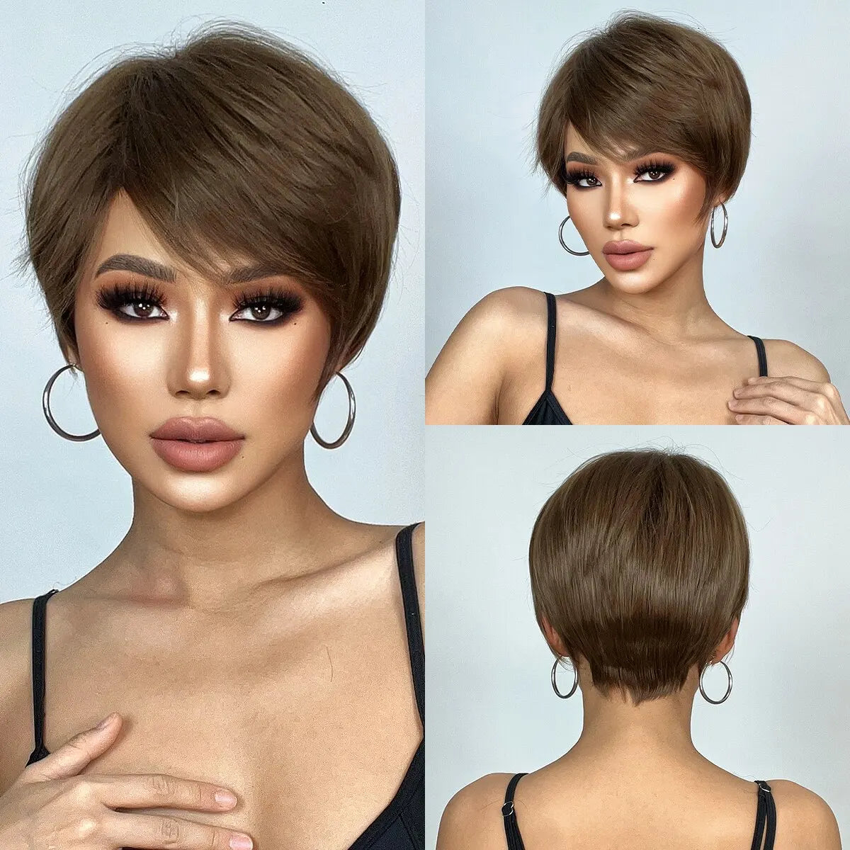 Pixie Cut Wigs for Women Natural Synthetic Short Black Layered Hair Wig with Fluffy Bangs Afro Daily Heat Resistant