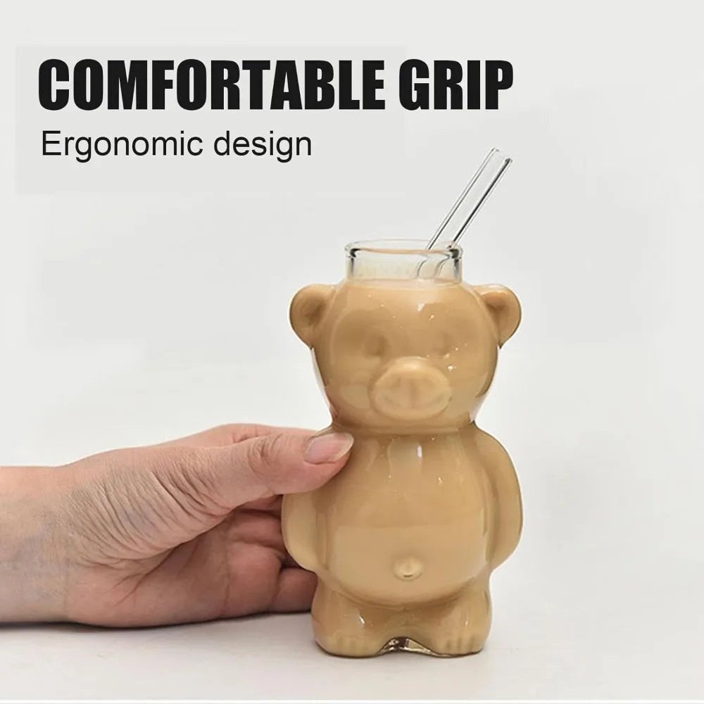 320ML Creative Cute Bear Coffee Mug  with Straw Transparent Cup Beer Milk Coffee Water Cups Wholesale Glass Drinkware Mug Set