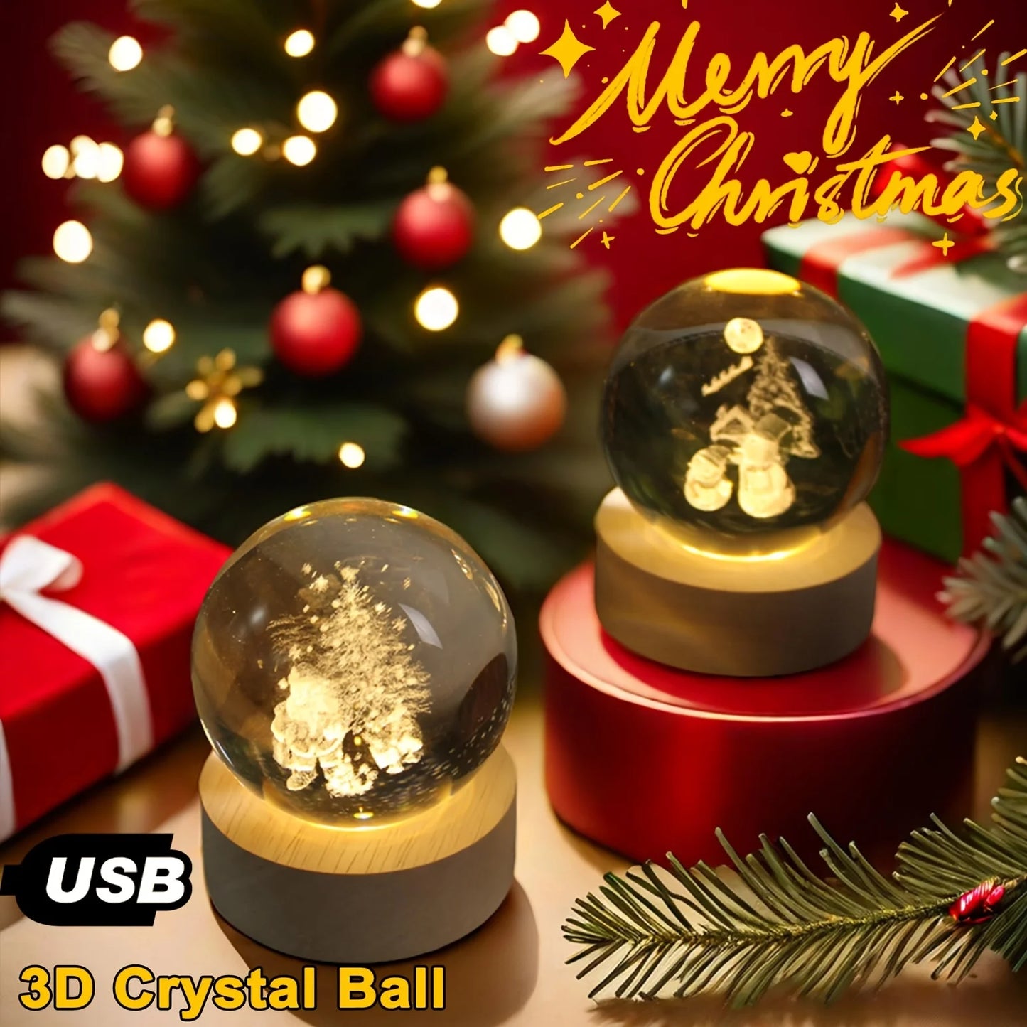 USB Christmas Decor Galaxy 3D Crystal Ball LED Night Lamp with Wooden Base for Bedroom Solar System/Snowman/Moon Fairy Lights