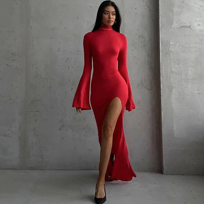 Cryptographic Open Back Sexy Split Maxi Dress Elegant Outfits for Women Chic Flare Sleeve Party Club Fashion Red Dresses Vestido