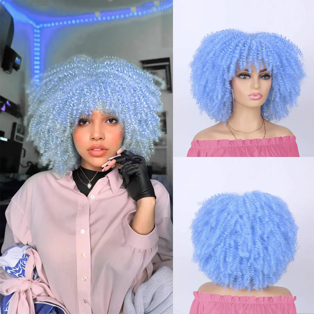 Synthetic Short Afro Kinky Curly Wig With Bangs For Black Women High Temperature Daily Party Headgear with Clips Cosplay