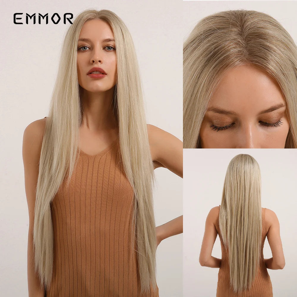 Short Blonde Lace Frontal Synthetic Wig Simulation of Human Hair Ombre Blonde Straight Bob Hair Wig For Women Heat Resistant