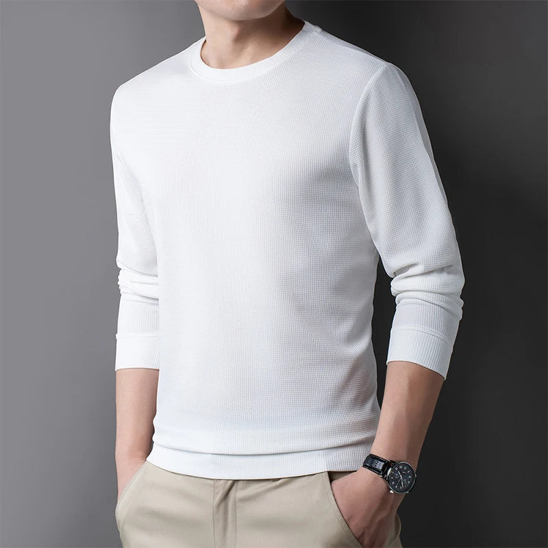 2024 Men's New Waffle Round Neck Long Sleeved T-shirt Summer Comfortable Top