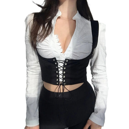 Women Corset Bustier Crop Top Lace-up Bandage Black Gothic Leather Underbust Suspender Cami Vest Waist BodyshaperTank Cummerbund