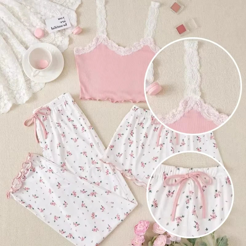 Three Piece Women's Heart-Shaped Printed Vest Shorts and Pants Paired with Ribbed Fabric for Home Casual Women's Sleepwear Set