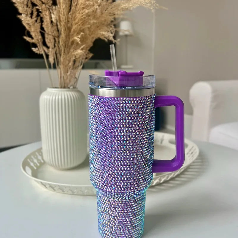 40oz Rhinestone Tumbler Women Shiny Diamond Stainless Steel Straw Cup Travel Car Thermoses Coffee Mug Water Bottle Drinkware