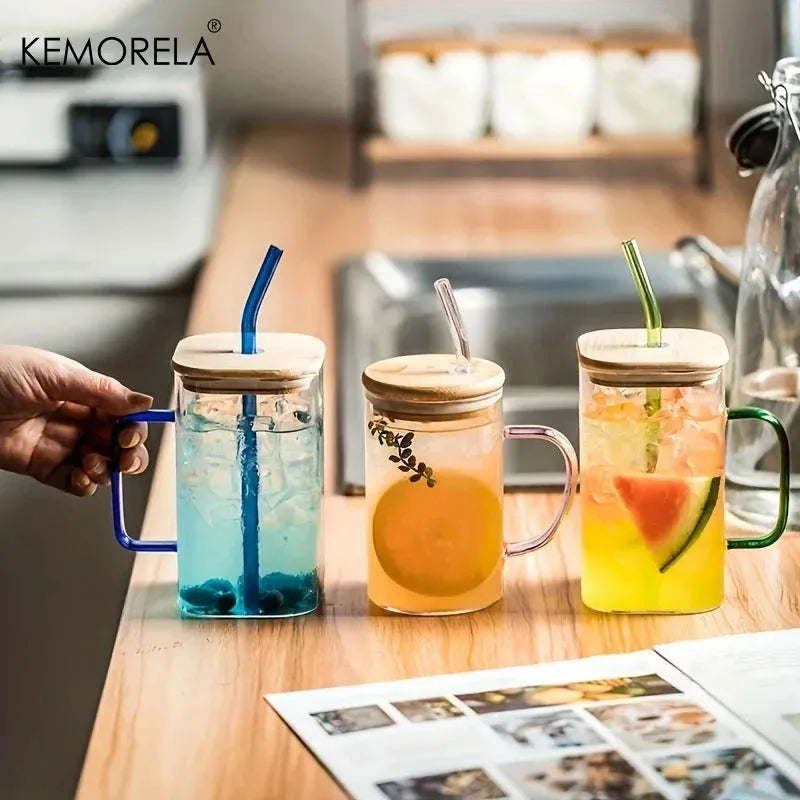 600ML Glass Cup with wooden lid and colorful handles and colorful straws Milk coffee transparent drink cup Suitable for parties