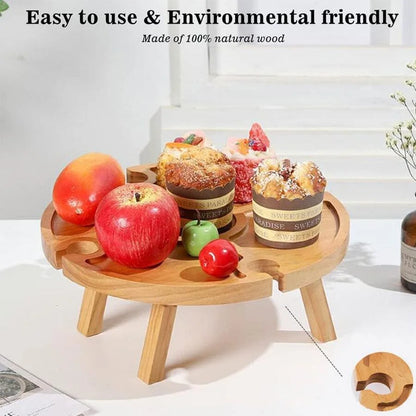 Outdoor Wooden Folding Picnic Table-With Glass Holder 2in1 Round Desk Wine Glass Rack Collapsible Table For Garden Party