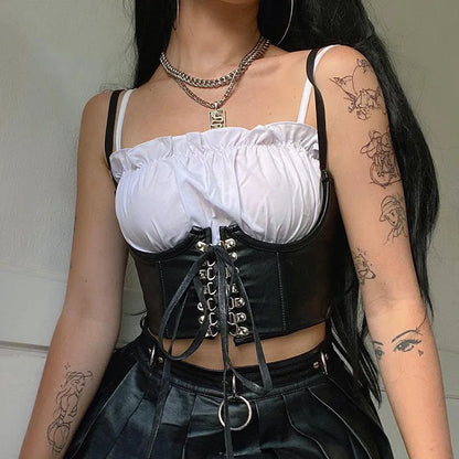 Women Corset Bustier Crop Top Lace-up Bandage Black Gothic Leather Underbust Suspender Cami Vest Waist BodyshaperTank Cummerbund