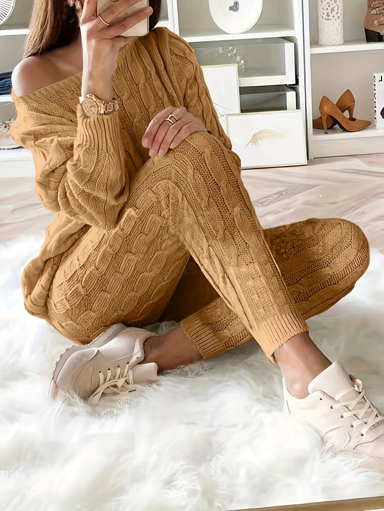 Solid Knitted Matching Two-piece Set  Casual Long Sleeve Sweater & Pants Outfits  Women's Clothing