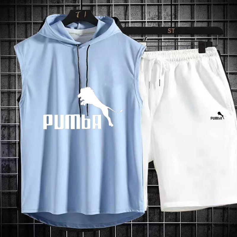 Brand  Summer Men's Two Piece Set CasualT-Shirt and Shorts Set Mens Sports Suit Fashion Short Sleeve Tracksuit Hooded T-shirt