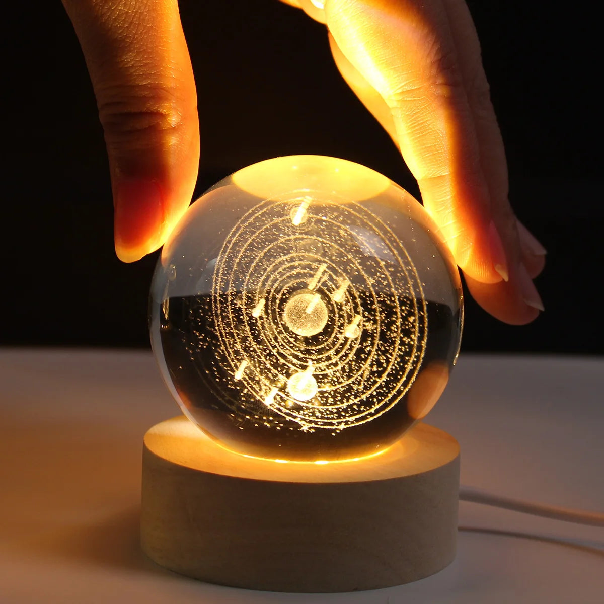 USB Christmas Decor Galaxy 3D Crystal Ball LED Night Lamp with Wooden Base for Bedroom Solar System/Snowman/Moon Fairy Lights