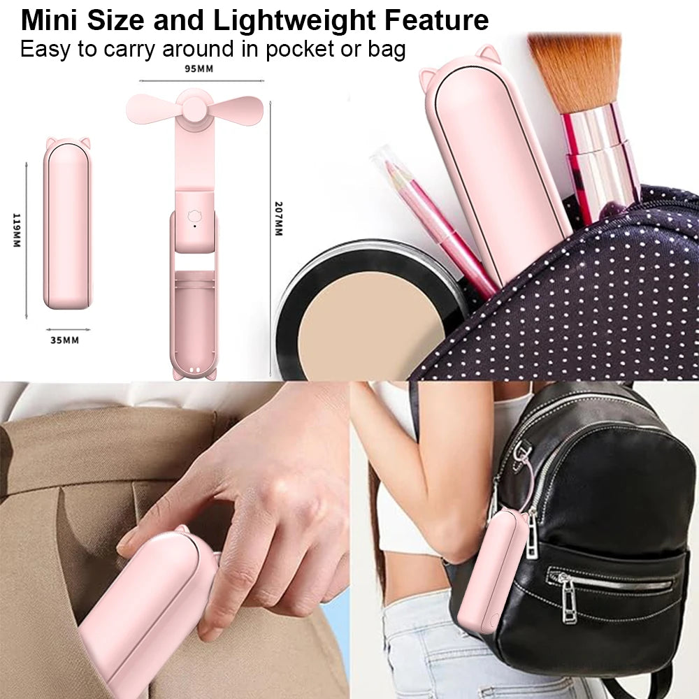 Portable Fan Super Mini Handheld Fan USB Rechargeable Fan Foldable Hand Held Small Pocket Fan with 2000mAh Power Bank 3 Gears